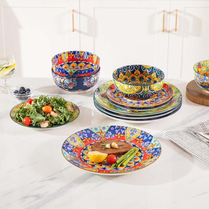 Ceramic Dinnerware Sets for 4,12 Pieces Boho Plates and Bowls