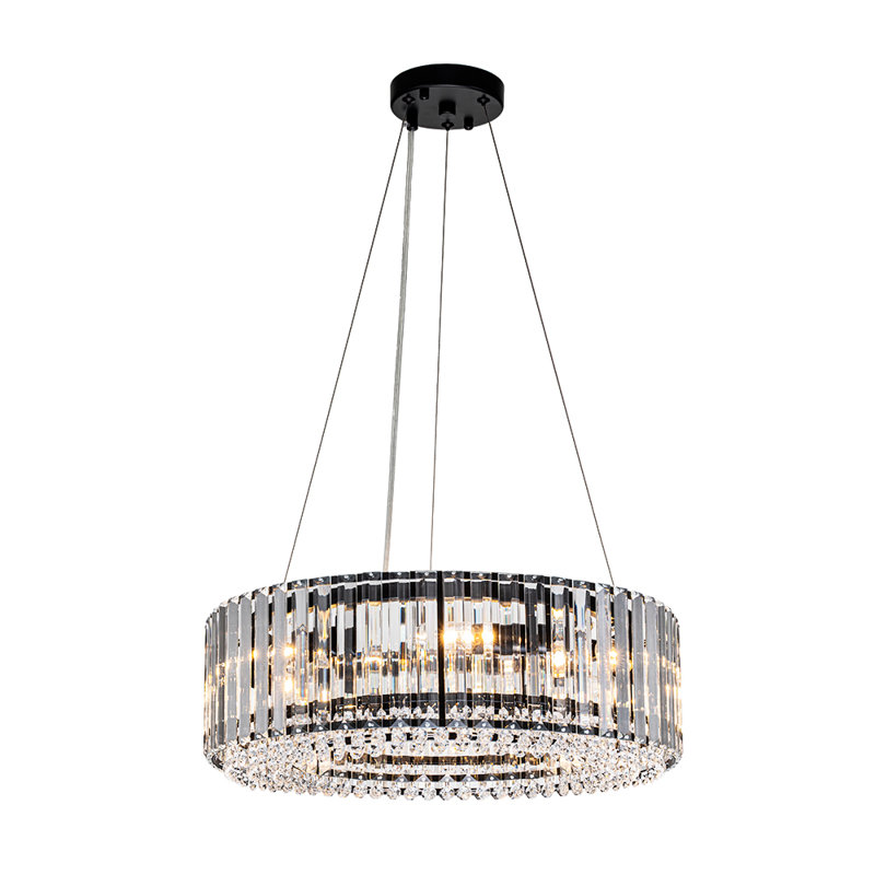 6- Light Modern Mid-Century Luxury Round Crystal Chandelier Chrome Drum Crystal Pendant Living Room, Matte Black, 6
