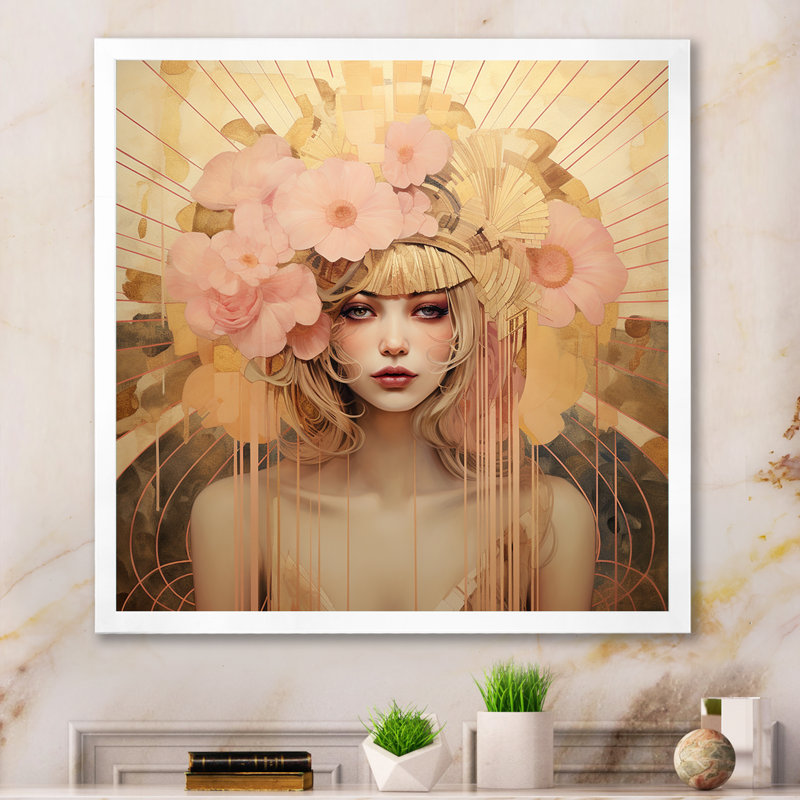 «Pink Elegance Art Nouveau Glam Portrait de femme I», reproduction, H 36 po x l 36 po x P 1,5 po, Cadre simple blanc