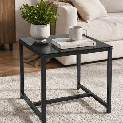 Table de chevet en verre noir, table d'appoint en panneau de fibres à densité moyenne, petite table à thé et canapé avec pieds en métal