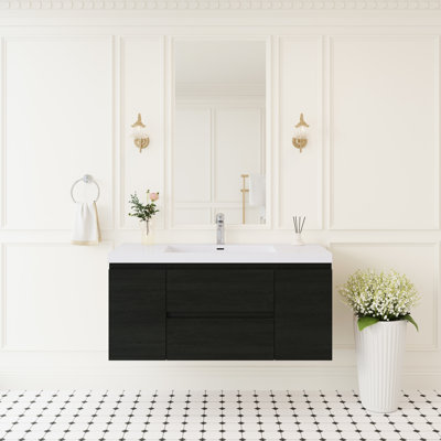 Meuble-lavabo mural 48 po avec lavabo, bois, tiroirs à fermeture en douceur, résine blanc brillant une pièce, assemblage rapide