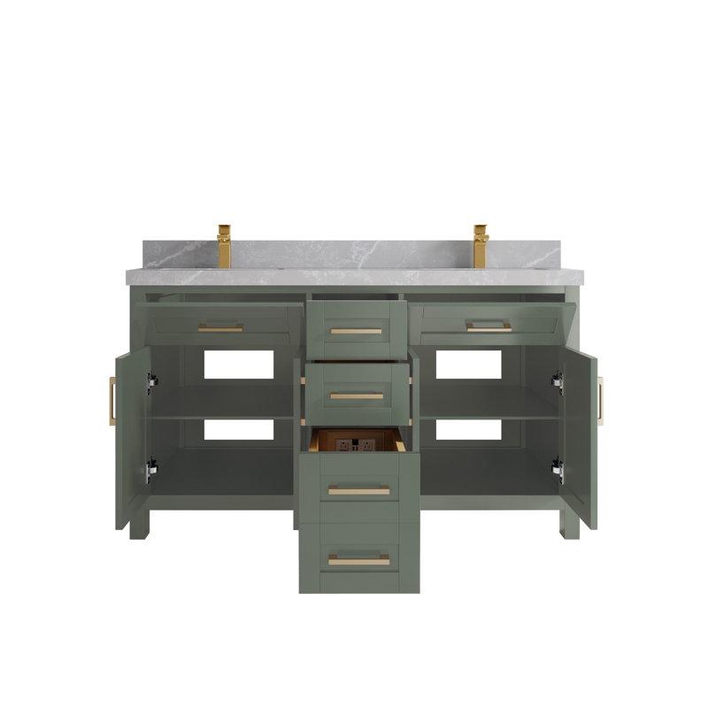Meuble-lavabo double 60 po avec plateau en quartz Cambridge, Gris perle