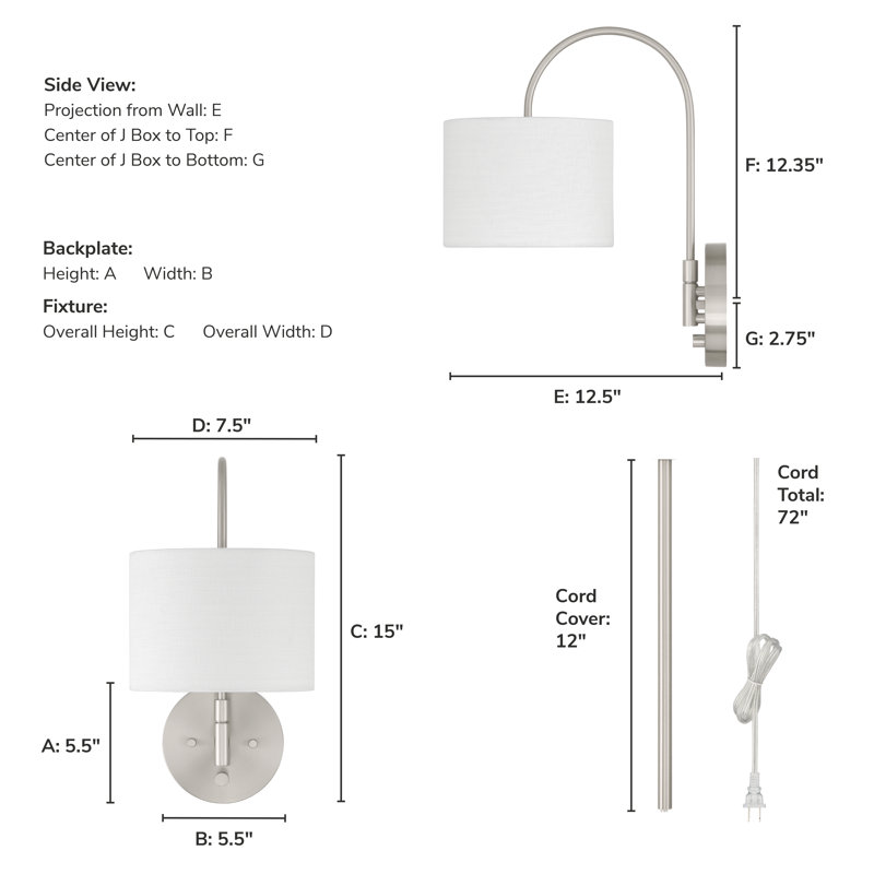 Hunter Horizon 1 Light Large Brushed Nickel and White Linen Plug-In Wall Sconce Light Fixture, Brushed Nickel