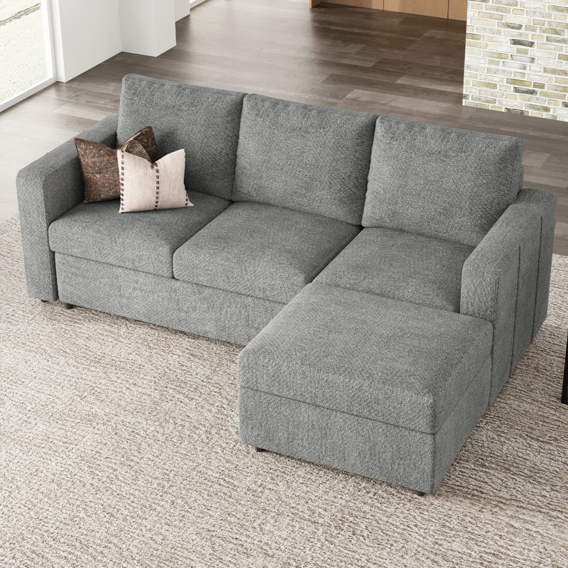 Rafael 5-Piece Chenille Apartment 3-Seat Sofa Sectional Sofa With Storage Ottoman, Light Gray Chenille