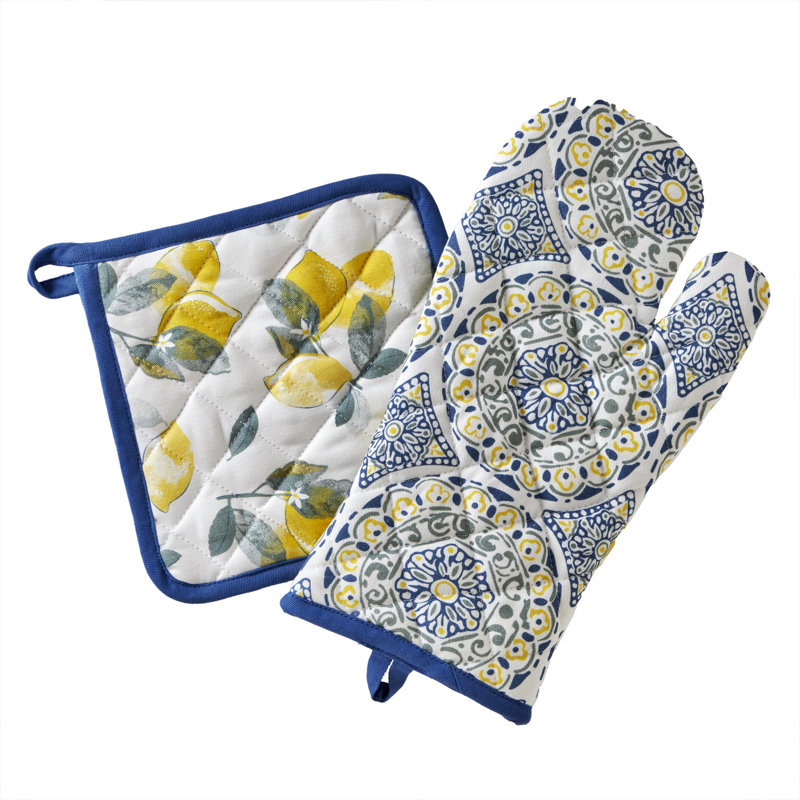 Lemon Medallion Cotton Oven Mitt and Pot Holder Set