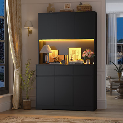 Aybike 71" Tall Kitchen Pantry Cabinet with Charge Station & LED Light, Freestanding Food Pantry with 4 Cabinets, 3 Drawers & Microwave Shelf, Kitchen by Wade Logan