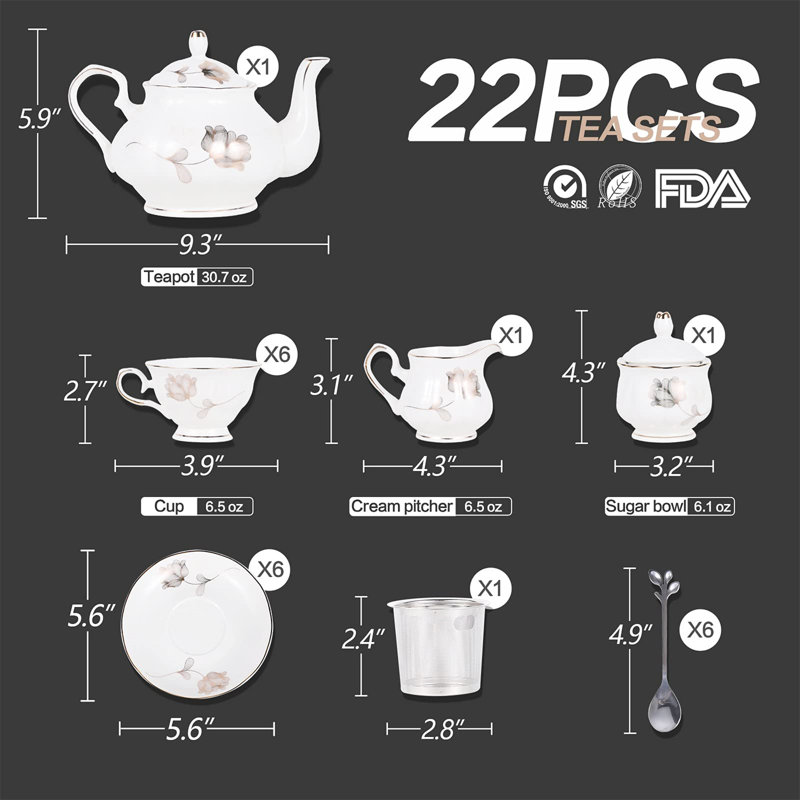 Stylish 22-Piece SD Tea Set - Elegant Floral Design, Perfect For Weddings