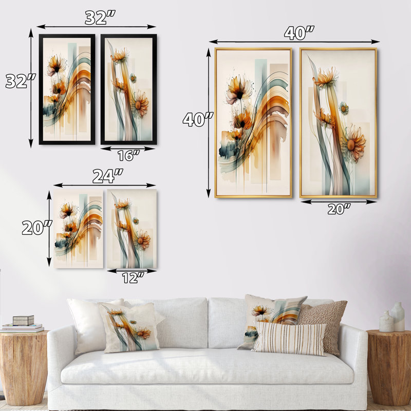 Fleurs orange marguerite orange - ensemble de 2 décorations murales marguerites florales, Encadrement brun, H 40 po x l 40 po