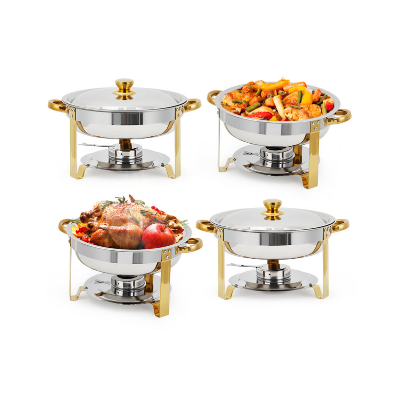 Ensemble de 4 réchauds à buffet, 5 plateaux ronds pour buffet et ensemble de réchauds avec couvercle, réchauds en acier inoxydable, or