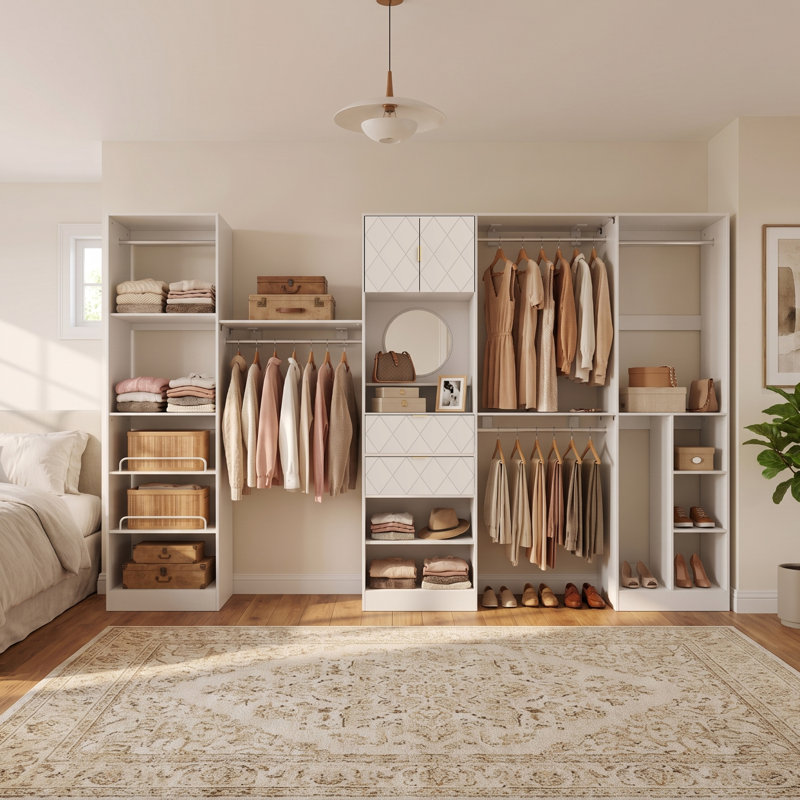 Ensemble de rangement pour garde-robe de 133,8 po de largeur avec 2 tiroirs et miroir