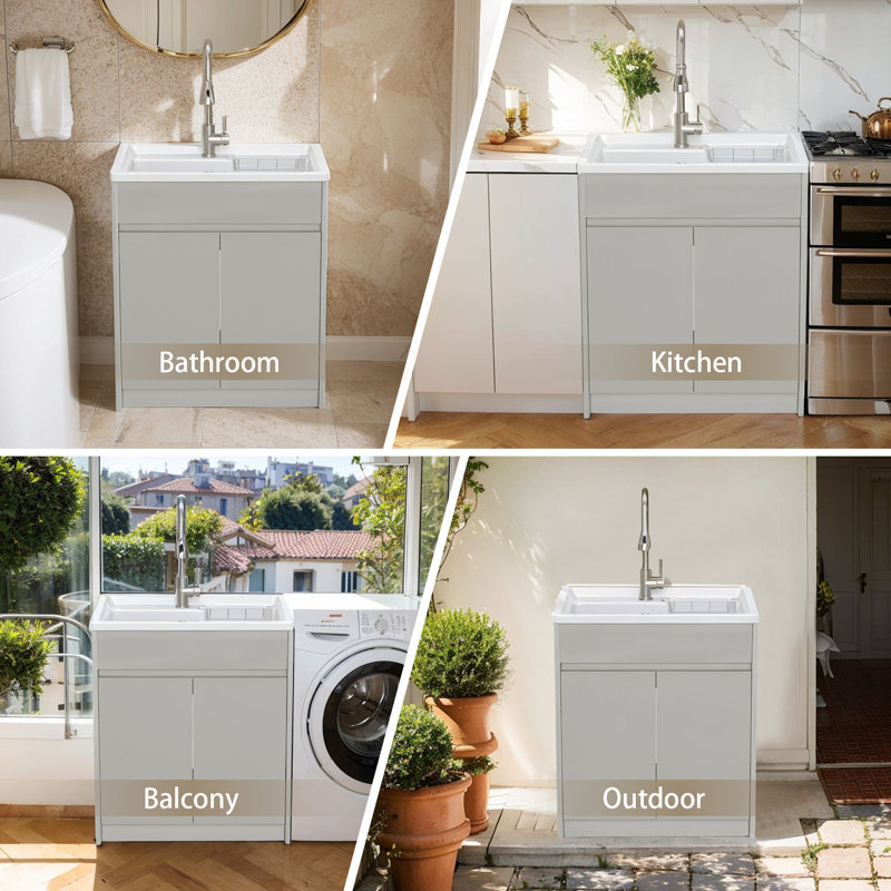 Freestanding 30'' Light Grey Laundry Sink Cabinet with Hot & Cold Water Faucet Drop-in Solid Surface Utility Sink