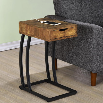 Table d'appoint rectangulaire en muscade avec plateau en métal et tiroirs