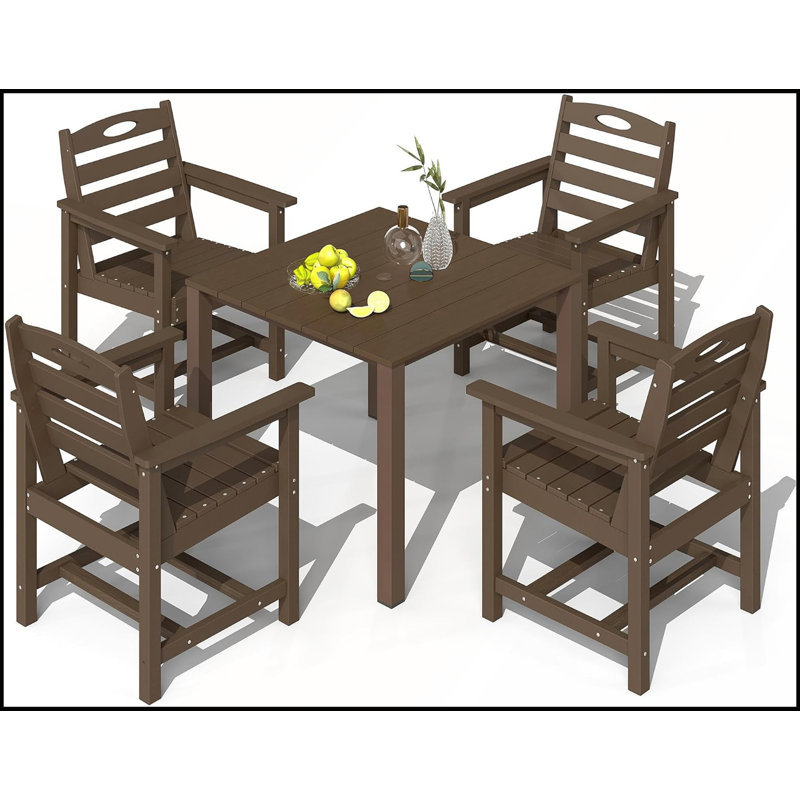 Ensemble de salle à manger d'extérieur en PEHD (5 pièces) avec trou pour parasol de 5 cm, résistant aux intempéries, table et chaises, idéal pour jardin, piscine et terrasse.