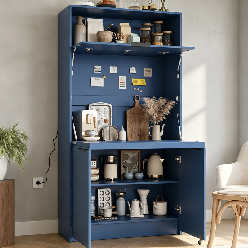 Garde-manger compact, buffet de 69 po de hauteur avec huche et poste de travail pliable, armoire de rangement multifonctionnelle avec tablette réglable et prise de courant pour la salle à manger et le salon
