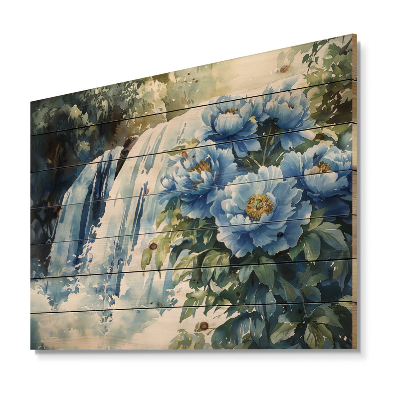 Pivoines par la cascade III - Décoration murale en bois de pivoines - sur bois de pin naturel, H 24 po x l 32 po x P 0,78 po