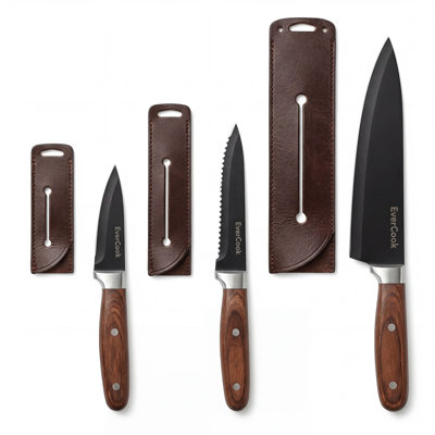 EverCook 6Pc Kitchen Knife Set w/ Blade Sheaths, 1.5/2 mm Black Stainless Steel