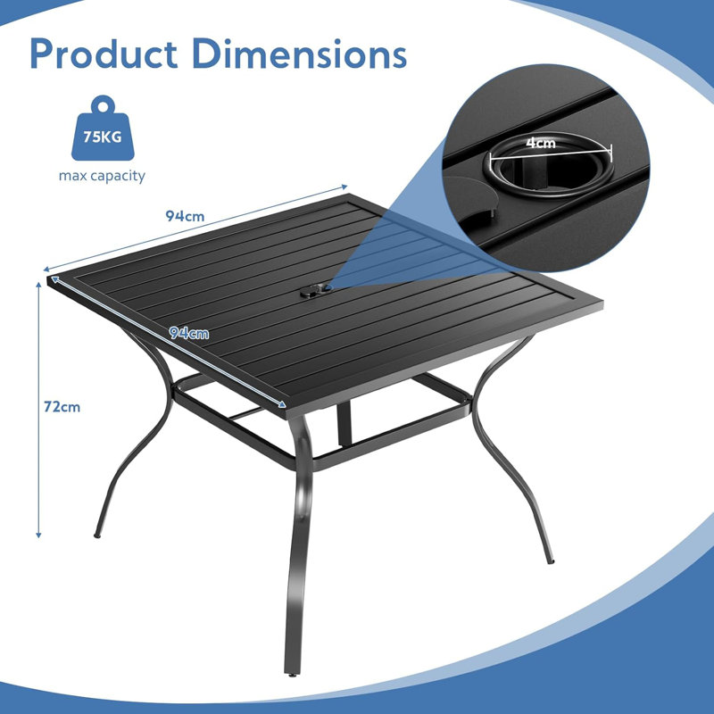 Square Metal Outdoor Picnic Table With Umbrella Hole , 94cm cm W 94cm cm D