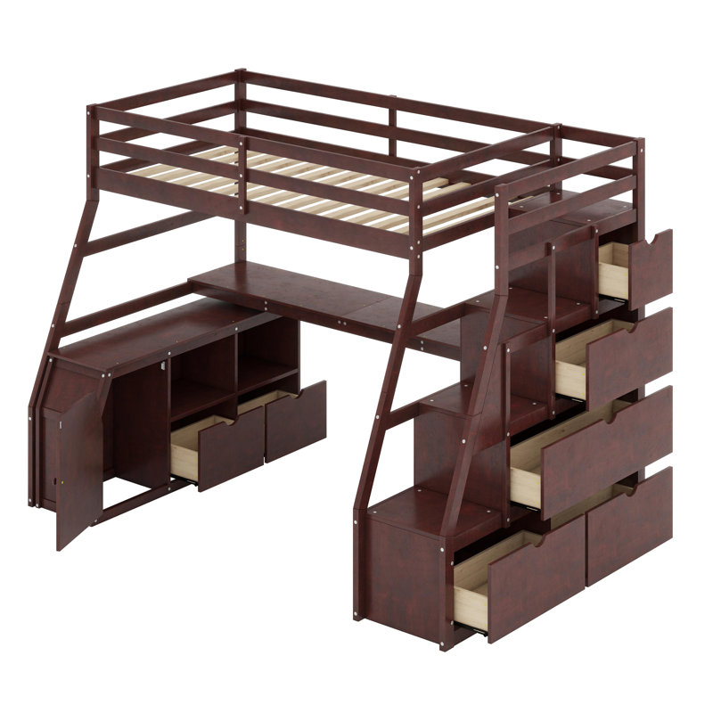 Lit mezzanine avec tiroirs, tablettes et bureau, Espresso