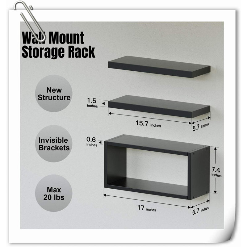 Arbenor 3 Piece Wood Floating Shelf, Black