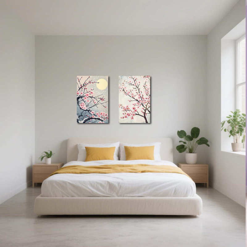 Cherry Picture For Wall Cherry Blossom Tree Canvas Wall Art Japanese Landscape Poster Prints Pink Floral Painting For Bedroom Office Decor Framed (2 Pieces)