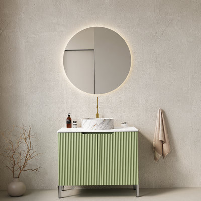 Meuble-lavabo de salle de bain 30 po avec lavabo, meuble de rangement autoportant avec 2 portes, lavabo rond en céramique blanche avec motif de pierre et comptoir blanc de Carrare, sans robinet, couleur vert clair