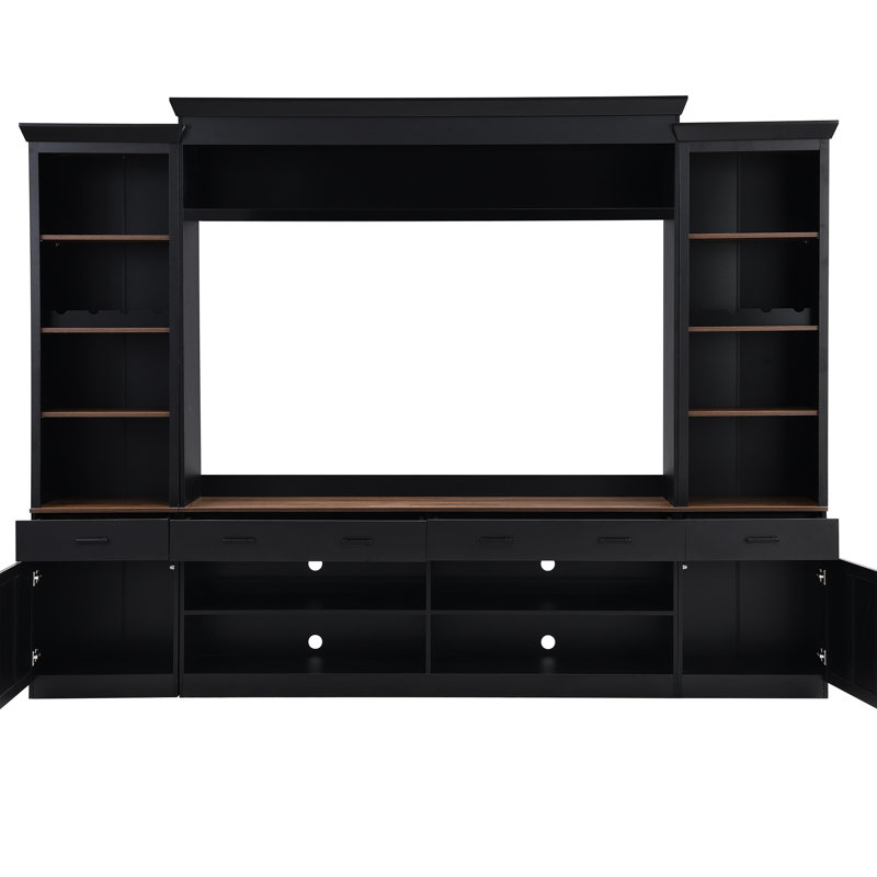 Meuble télé convenant aux téléviseurs de 70 à 79 pouces, style avec poignées rétro noires, deux tablettes réglables et support à vin Mid Century, quatre tiroirs, tablettes, surface imperméable