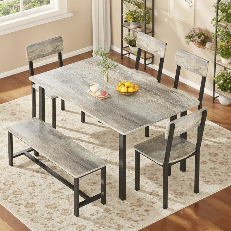 Dining Table Set For 4-6 People, Dining Table Set With 1 Bench And 4 Chairs, Modern Rectangular Metal Frame Dining Furniture Set, Farmhouse Dining Room Table Set For Small Space, Apartment, Retro