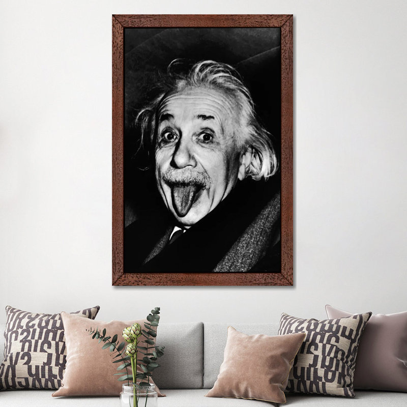 Albert Einstein, Sticking His Tongue Out by Arthur Sasse - Print on Canvas, 66.04 cm H x 45.72 cm W, Brown Framed