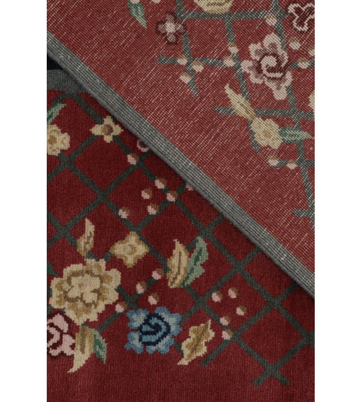 Rug & Kilim’S Chinese Art Deco Rug In Red & Black With Colorful Florals, Rectangle 10' x 14'