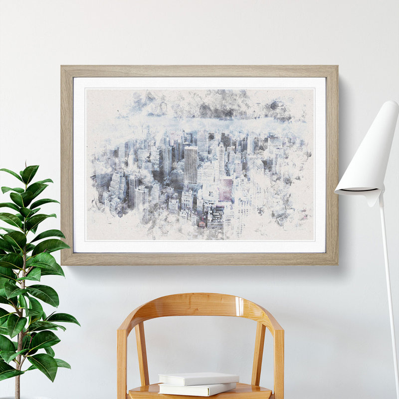 Moody New York City Skyline - Picture Frame Graphic Art Print, 33cm H x 45cm W x 2cm D, Oak Framed