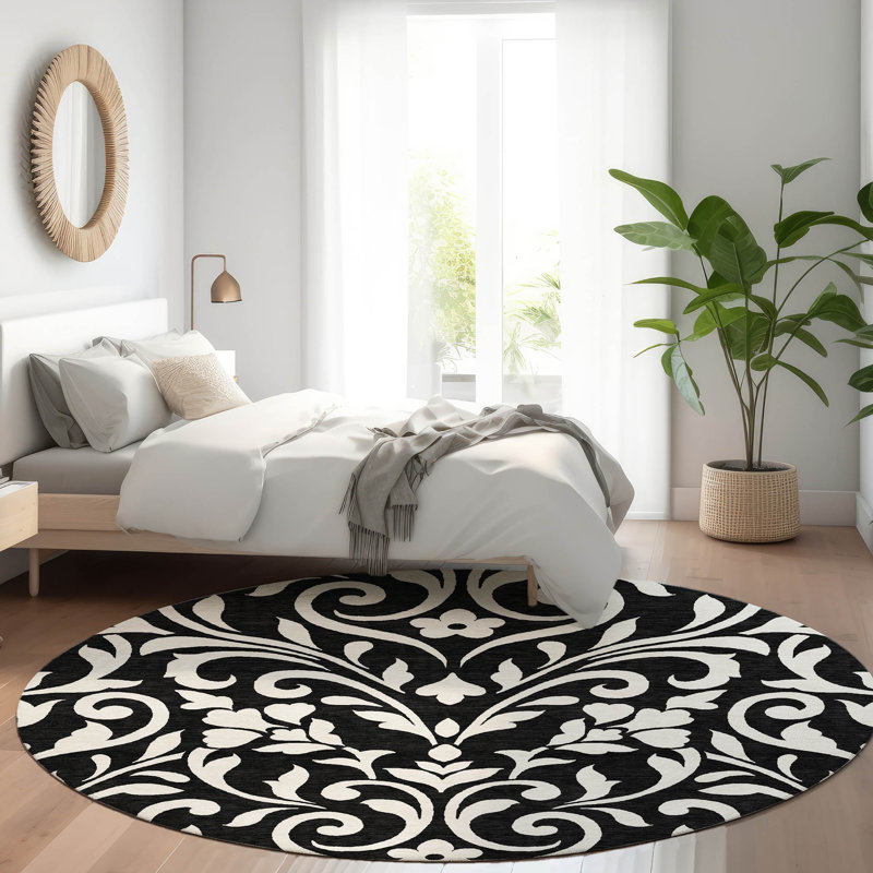Premium Machine Washable Prisco Black Rug, Round 8'