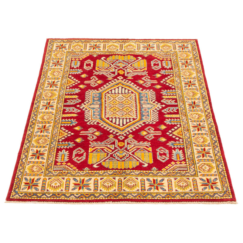 Tapis rouge / jaune en laine noué à la main de conception unique 3 pi 10 po x 5 pi 10 po New Age