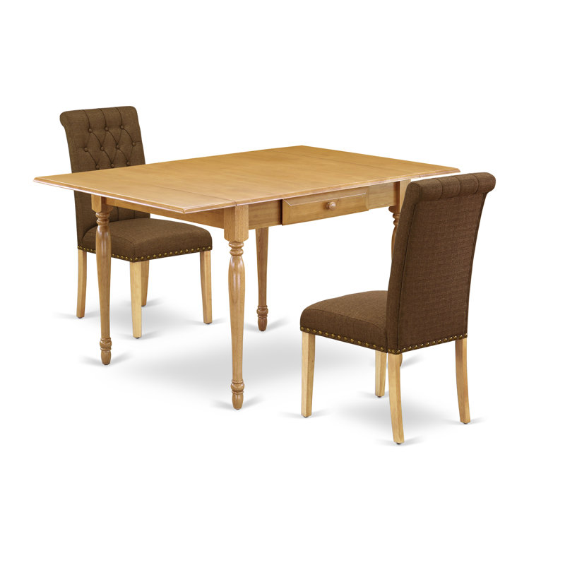 3 Piece Dining Set Contains a Rectangle Dining Table with Dropleaf and 2 Dark Coffee Upholstered Chairs, Table Color: Oak