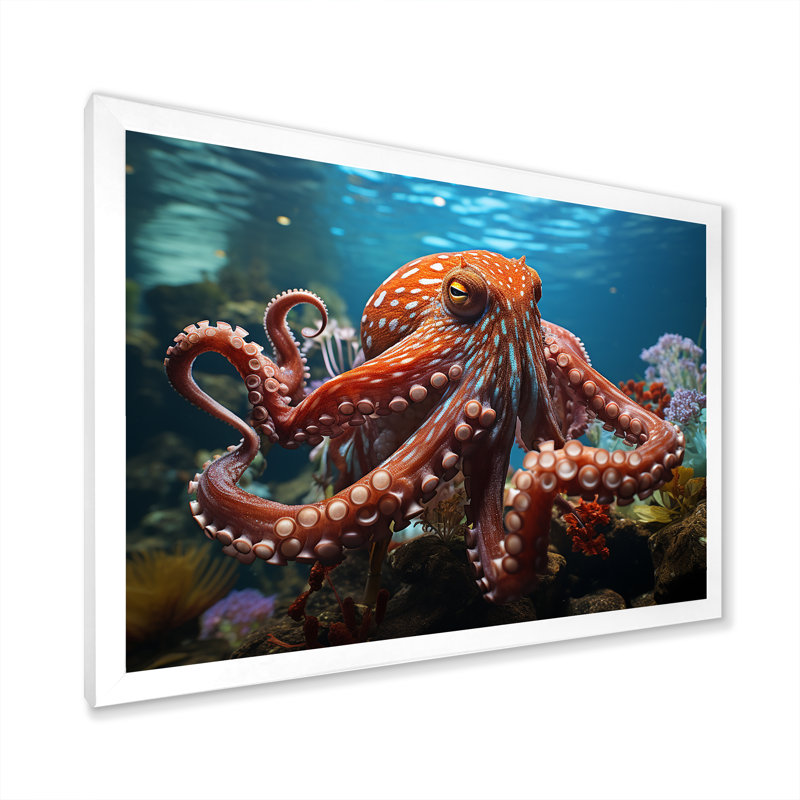 The Graceful Octopus - Décoration murale pieuvre, H 34 po x l 44 po x P 1,5 po, Cadre simple blanc