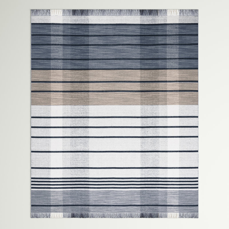 Anjail Flat Weave Wool/Cotton Plaid Rug in Light Gray/Black, Rectangle 4' x 6'