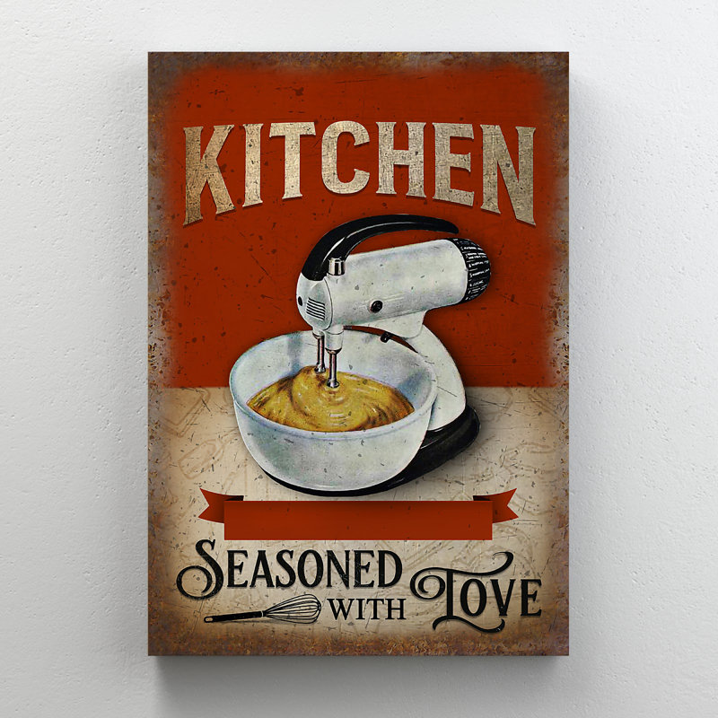Mélangeur de farine blanche sur fond rouge - "Kitchen Seasoned With Love", impression rectangulaire sur toile tendue 1 pièce