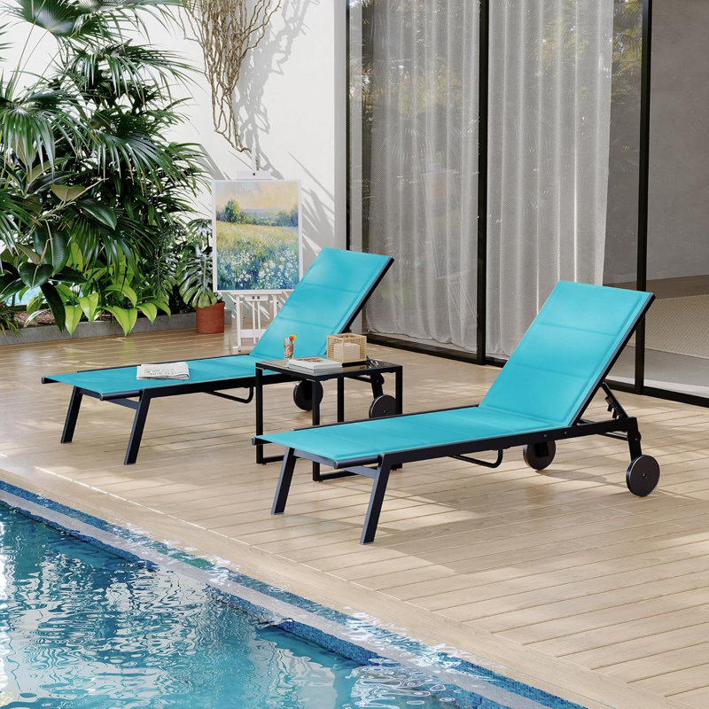 Adjustable Backrest Poolside Loungers Set Of 3, Outdoor Lounge Chairs With Wheels, Patio Chaise Lounge Chairs With Side Table