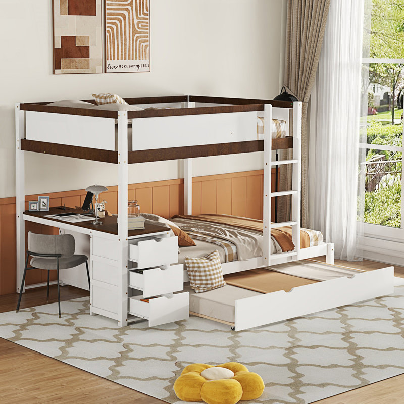 Lit superposé double avec lit gigogne simple, rangement et bureau