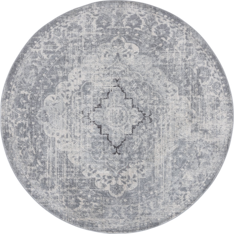 Crete Esmay Performance Gray Medallion Rug, Round 5'3"