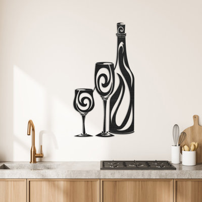 Art mural de bouteille de vin et deux verres à vin - ACM