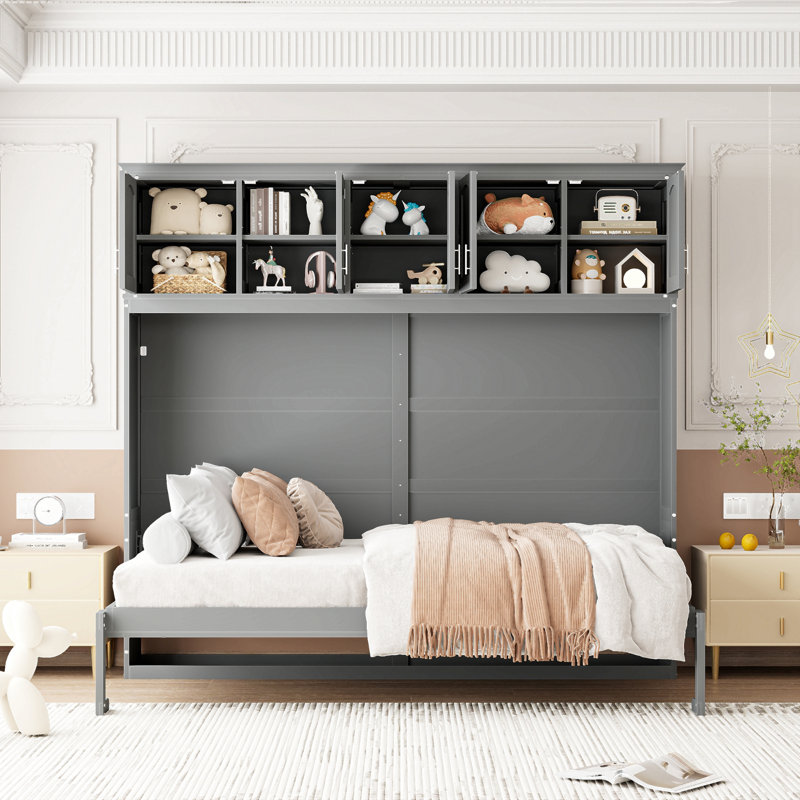 Lit escamotable mural avec armoires supérieures Murphy, Gris, Grand lit