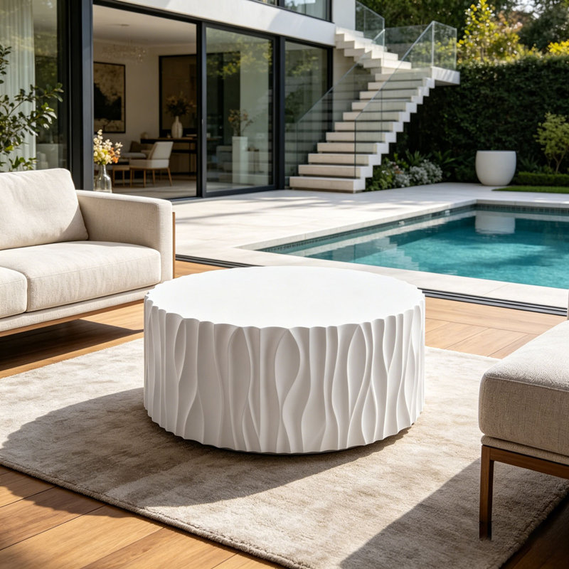 Table basse d'extérieur blanche moderne avec motif cannelé ondulé