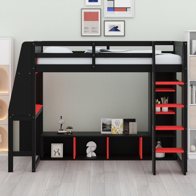 Lit mezzanine moderne avec éclairage à DEL, tablettes et support suspendu, Lit simple