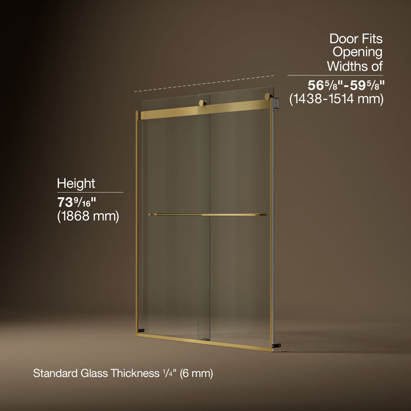 Levity 59.63" x 74" Bypass Shower Door with CleanCoat® Technology, Moderne Brass, Crystal Clear