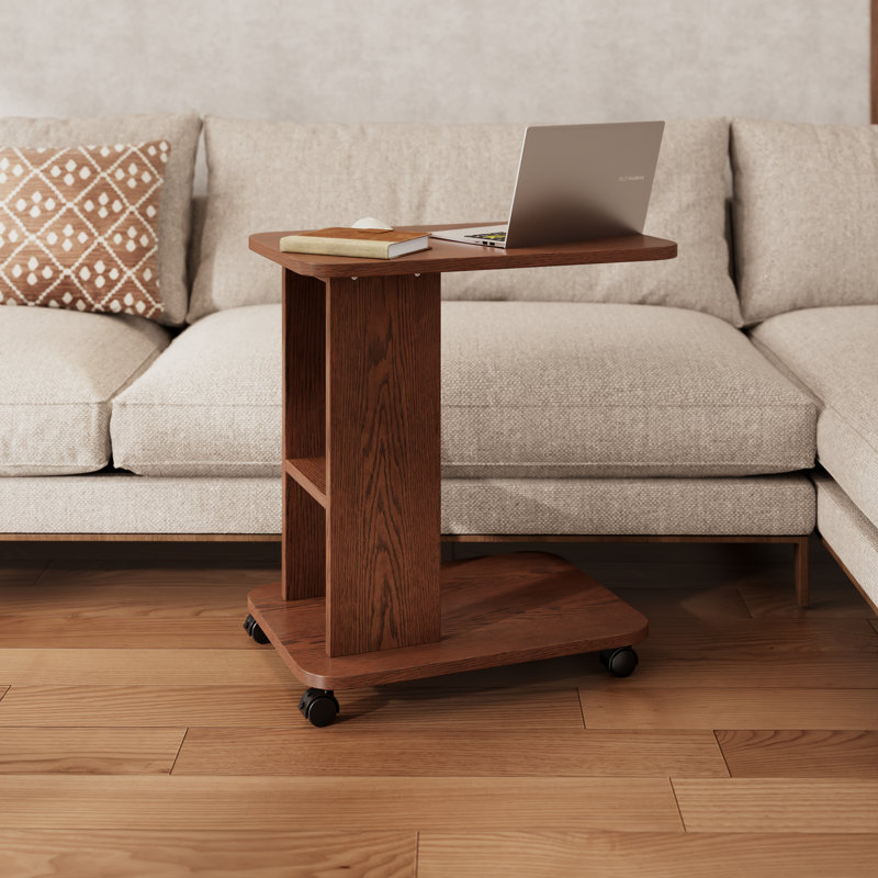 Table d'appoint mobile en bois à 2 niveaux en forme de C avec roulettes, table de bout compacte pour canapé ou lit, Brun