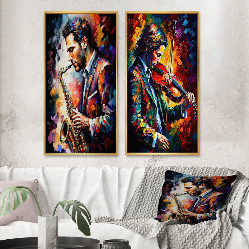 «Saxophone Player On Stage», 2 pièces, Encadrement doré, H 32 po x l 32 po