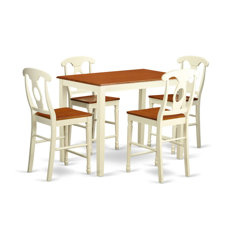 Ensemble de salle à manger à hauteur de comptoir en bois d'hévéa massif Socha, Babeurre / Cerisier, 5 pièces