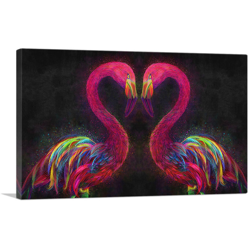 Deux flamants roses amoureux des cœurs, impression sur toile tendue, H 18 po x l 26 po x P 0,75 po
