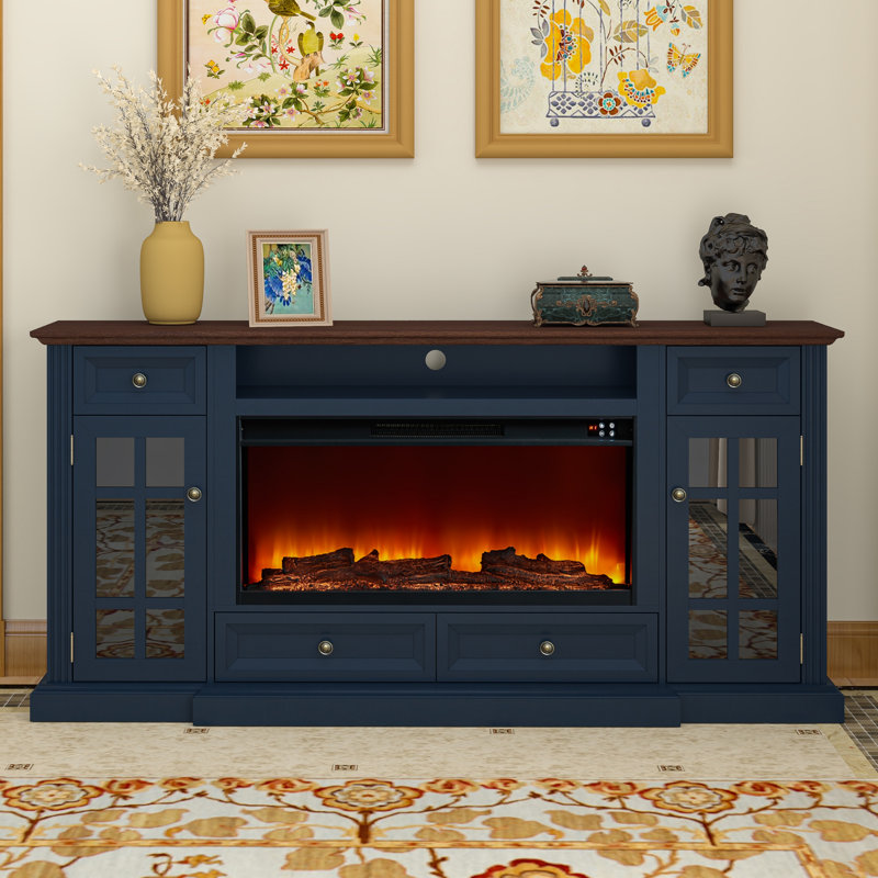 Meuble télé avec foyer, Marine / Brun