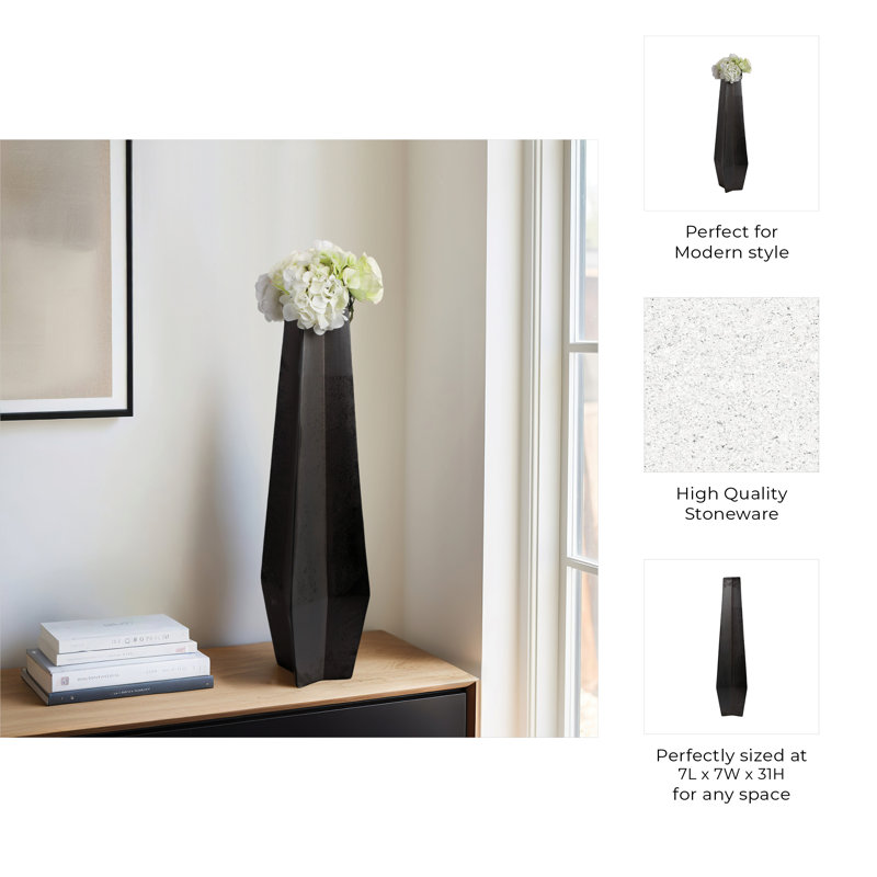 Geometric Faceted Ceramic Tall Table Vase for Home Tabletop Decor - Modern Flower Vase for Living Room, Shelf, or Entryway Styling - Black